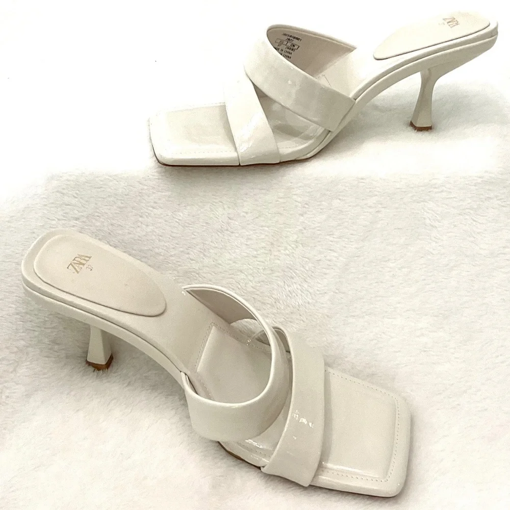 Zara White Open Toe Square Padded Dressy High Heel Sandals Size US7/EU37